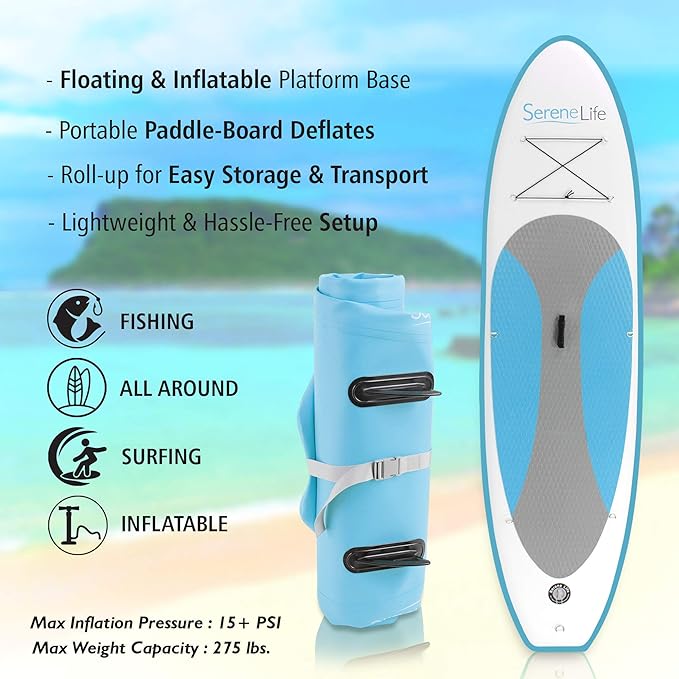 SereneLife Inflatable Stand Up Paddle Board with Premium SUP Accessories – Wide Stable Design with Non-Slip EVA Deck Pad for Adults and Youth of All Skill Levels-StrideForce Fitness