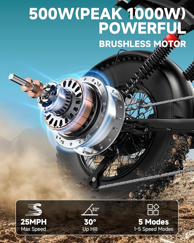 500W/750W Fat Tire Electric Dirt Bike for Adults, 48V 13.5AH/18AH Removable Battery 16"/20" Electric Motorcycle Ebikes with 31MPH Top Speed, 40-70 Miles Range, Full Suspension-StrideForce Fitness