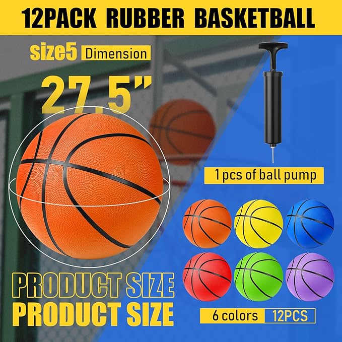 Jerify 12 Pack Official Size Rubber Basketballs for Kids Child Junior Youth Indoor Outdoor Sports Basket Balls with Pump Back to School Student Gifts Operation Christmas Bulk Items-StrideForce Fitness