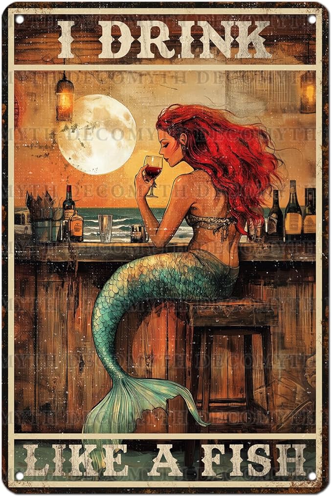 Vintage Mermaid Tin Sign I Drink Like A Fish Retro Wall Decor Decorations for Home Funny Wine Lover Nostalgic Metal Poster Indoor Store Cafe Toilet Kitchen Garden Bar Pubs Man cave 12 * 8inch-StrideForce Fitness