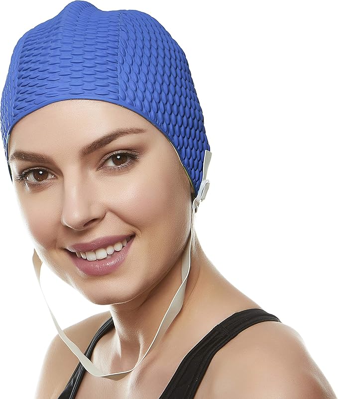 Beemo Swim Cap Women Chin Strap Bubble Crepe Latex Long Short Hair Swimming Caps-StrideForce Fitness