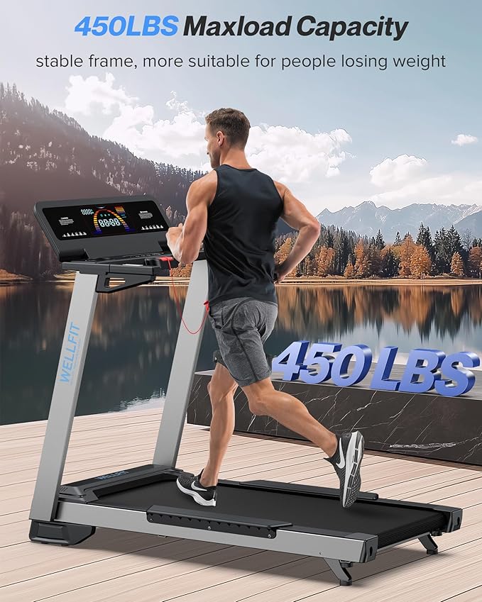 WELLFIT Treadmill for Home, 2 Level Incline Heavyduty Treadmill with Pulse Sensor, 4.0 HP, 1.0-10.0 MPH, 450/360 lbs Capacity, Large Running Area Treadmills with Bluetooth Player & LED Display-StrideForce Fitness