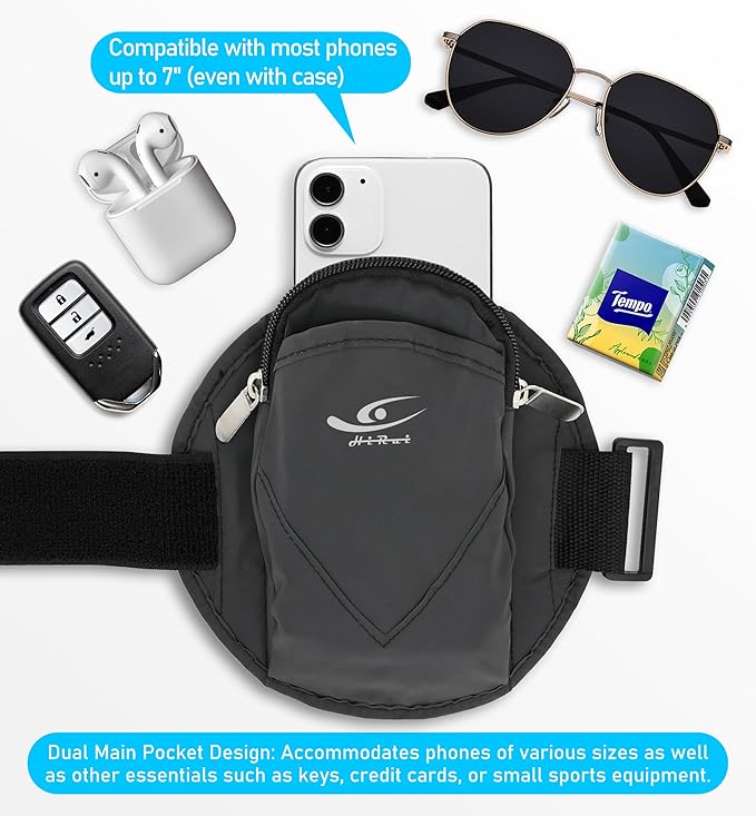 HiRui Universal Comfort Armband Phone Holder Running Armband Adjustable Wristband Phone Holder for Exercise Workout Compatible with iPhone 16/15/14/13/Plus/Pro Samsung Galaxy All Phones (Black)-StrideForce Fitness