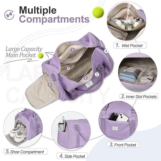 FIORETTO Womens Gym Tote Duffle Bag with Wet Pocket & Shoe Compartment, Sports Duffel Overnight Weekender Hospital Workout Carry on Bag for Girls, Ideal for Travel, Swimming, Dance, Ballet Purple-StrideForce Fitness