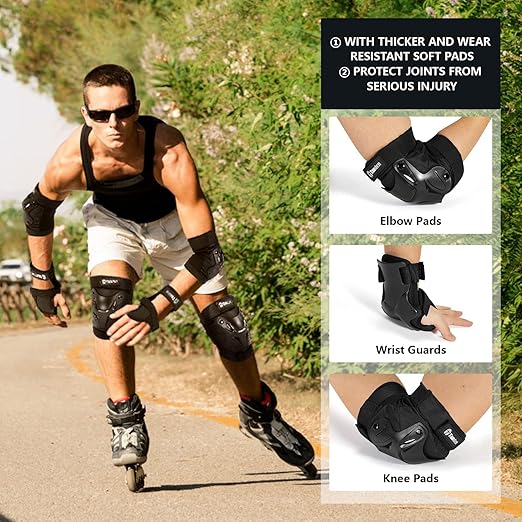 Skating Protective Gear Adult Youth Knee Pads and Elbow Pads Set, Skateboard Wrist Guards for Roller Skating Skateboarding Cycling Black-StrideForce Fitness