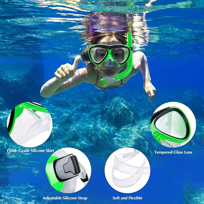 GreenLF Kids Snorkel Set, Anti-Fog Snorkeling Mask with Nose Covers for Youth Junior Child, Boys & Girls Age 5-12, Semi-Dry Diving Scuba Swimming Goggles Gear Packages-StrideForce Fitness