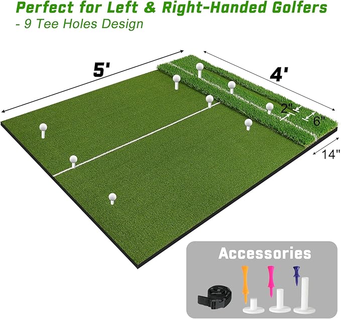 Dual-Turf 45/50MM Golf Hitting Mat, Built-in Ball Tray, Alignment Aid, Golf Mat Practice Outdoor & Indoor, Driving Chipping Putting in Backyard Garage Basement, Gift for Men Dad Golfer-StrideForce Fitness