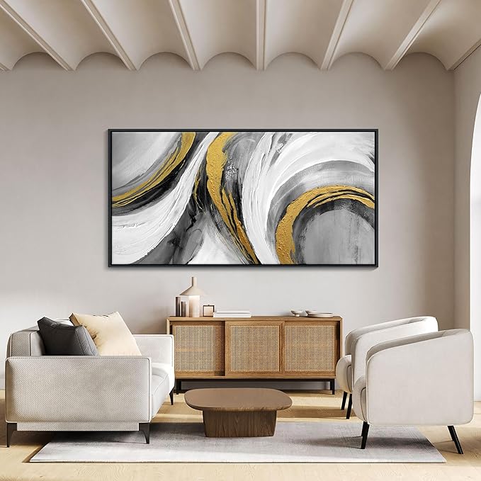 Abstract Large Wall Art - Hand Painted White Gold Tones Abstract Art Black Framed Poster Modern Style for Home Living Room Dining Room Office Hallway Kitchen Decor 24x48 In-StrideForce Fitness