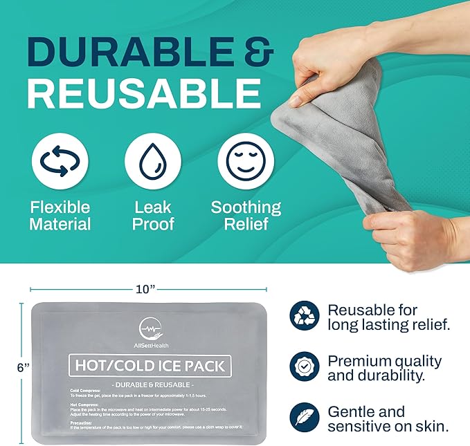 Reusable Ice Packs for Injuries - (10" x 6") Soft Ice Pack with 1 Sided Velvet Soft Fleece Fabric, Flexible Hot and Cold Gel Ice Pack Set, Grey, Pack of 4-StrideForce Fitness