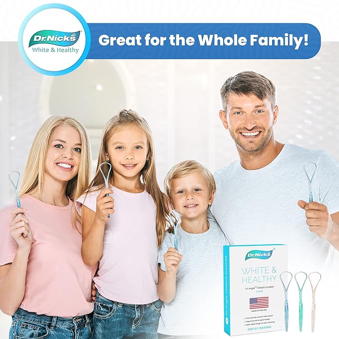 Dr. Nick’s White & Healthy Tongue Scraper (3 pack), Dentist Designed to Cure Bad Breath, Easy to Use Plastic Tounge Scraper Cleaner Maintains Oral Care for Adults (Green Blue & White)