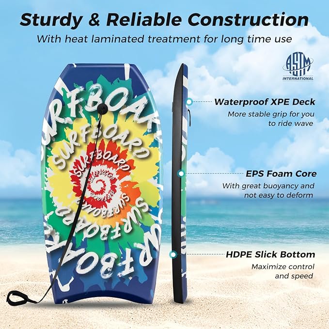 KOTEK 33/37/41 Inch Body Board with Wrist Leash, EPS Core, Dual Channel, HDPE Slick Bottom, Bodyboard for All Skill Levels & Wave Conditions-StrideForce Fitness