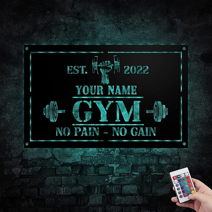 Personalized Home Gym LED Tin Metal Sign Multiple Sizes, Gym Sign Wall Decor, Exercise Workout Room Decor Fitness Center, Motivational Inspirational Hanging Wall Art Wall Plaque (01 w/lights)-StrideForce Fitness