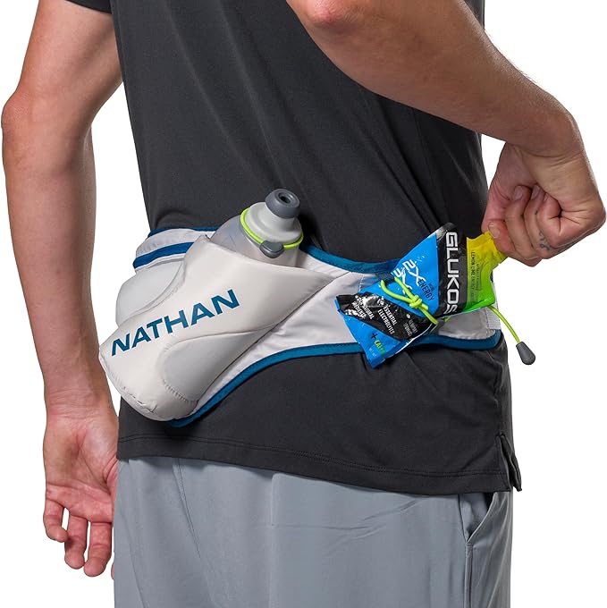 Nathan Peak Running Hydration Waist Pack Belt w/ Speed Draw Flask Water Bottle, 18oz/535 ml Push/Pull Race Cap, Expandable Zippered Stretch Pocket-StrideForce Fitness