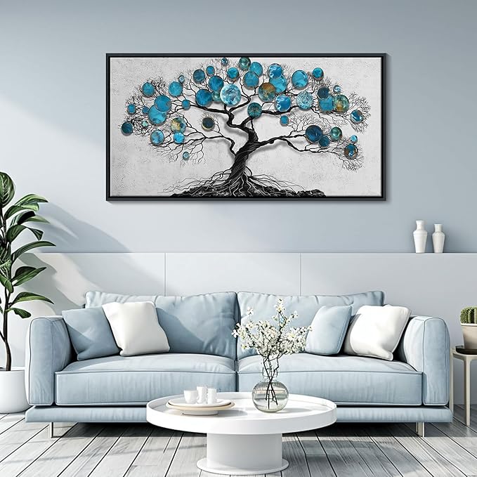 CHATYOUNG Living Room Wall Art - Tenacious Tree of Life Teal Blue Leaves Theme Large Paintings Canvas Framed Wall Picture for Office Bedroom Kitchen Office Home Decor 40"x20"-StrideForce Fitness
