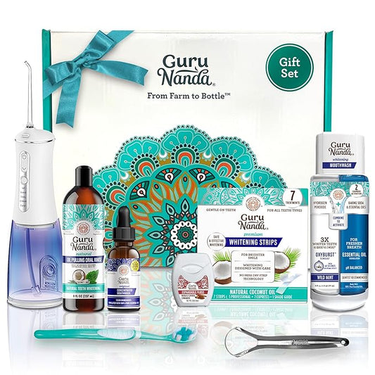 GuruNanda 7-Step Regimen 1.0 - Oil Pulling, Toothbrush, Tongue Scraper, Floss, Water Flosser, Mouthwash, Whitening Strips for Complete Oral Care (Pack of 8)