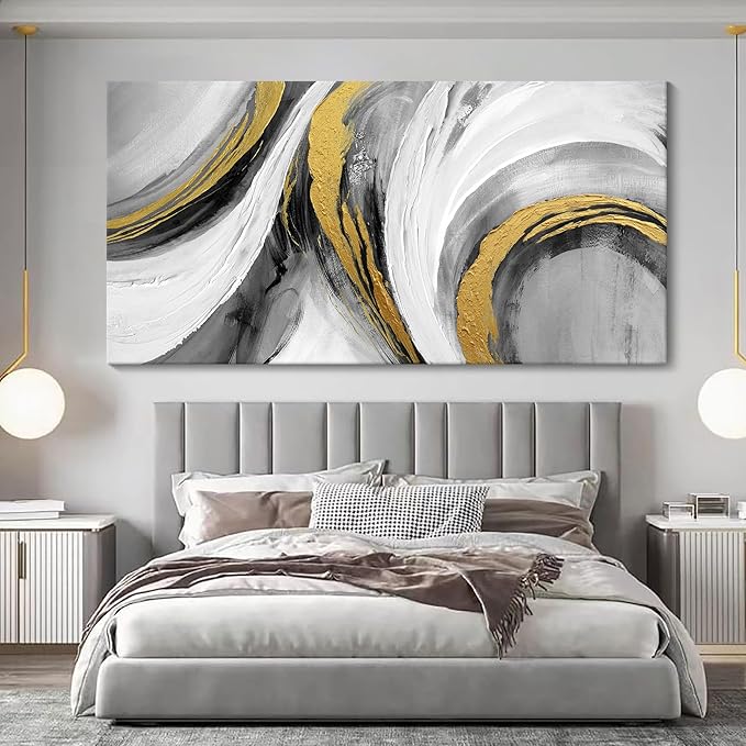 Large Abstract Wall Art - Modern Black White Gold Tones Hand Drawn Textures Ink Graffiti Canvas Painting Artwork for Home Bedroom Living Room Office Hallway Bed Above Decor 29"X58"-StrideForce Fitness