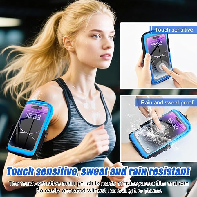 Phone Holder for Running, Running Armband Phone Holder with Carabiner, Phone Armbands for iPhone 16 15 14 13 12 11Pro Max & Galaxy S25/S24/S23, Cell Phone Armband Up to 6.8'' Phone (Blue)-StrideForce Fitness