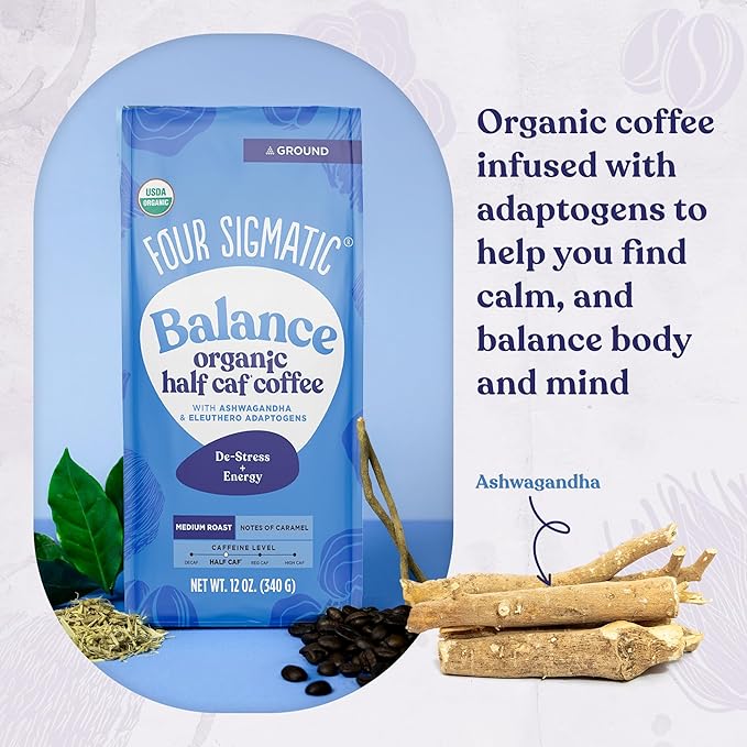 Four Sigmatic Organic Balance Adaptogen Ground Coffee | Medium Roast USDA Organic Coffee with Ashwagandha, Chaga Mushroom, Eleuthero and Tulsi for Focus and Energy Boosting | 12oz Bag-StrideForce Fitness