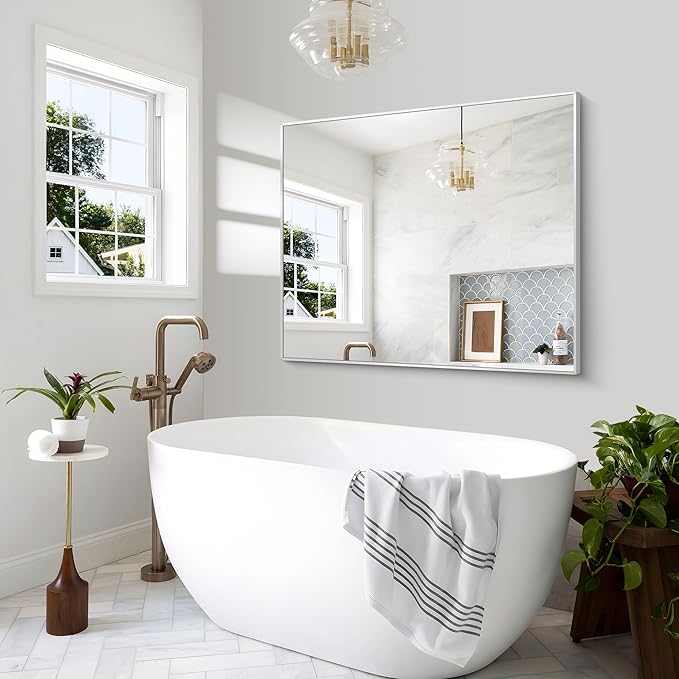 Silver Bathroom Mirror,40x48 inch Wall Mirror for Bathroom Wall Mounted,Large Rectangle Mirror for Bathroom Over Sink,Modern Metal Frame for Living Room,Bedroom Entryway,Horizontal/Vertical-StrideForce Fitness