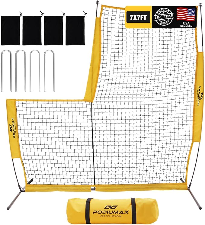 PodiuMax Baseball Softball Pitching Screen, 7x7FT Pitcher Protection Net with Upgrade Frame, Baseball Batting Pitching Net for Backyard Field Outdoor, Line Drive Protective L-Screen with Carry Bag-StrideForce Fitness