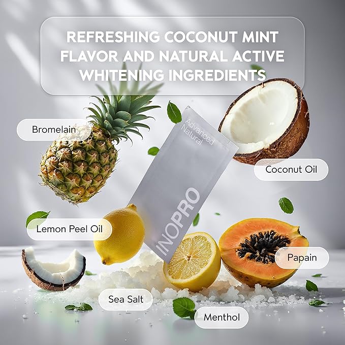 InoPro Natural Teeth Whitening Strips Kit 14 Treatments - Sensitive Teeth Whitener, Peroxide Free with Papain, Bromelain, Coconut Oil, White Strips for Teeth Whitening (28 Strips)