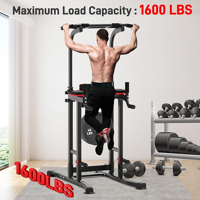 Outdoor Basic Power Tower Max Pull Up Bar and Dip Station - Heavy Duty 1600LBS Weight Capacity, Reinforced Steel Frame for Maximum Stability, Multi-Function Home Gym Equipment with Adjustable Height for Strength Training Fitness-StrideForce Fitness