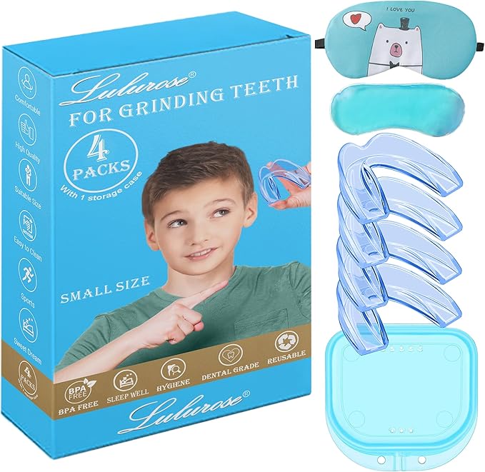 Kids Mouth Guard Blue for Grinding Teeth 4 Pack Moldable Night Guards for Clenching Teeth | Comfortable Nighttime Protection Guard | Including Hygiene Case & Gel Ice Pack