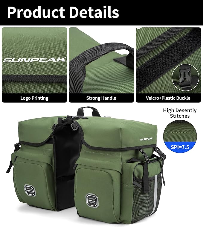 Bike Bag Accessories Panniers for Bicycle Rear Rack Bag 45L Waterproof Mountain Electric Bike Saddle Bag for Cycling Traveling Commuting Green-StrideForce Fitness