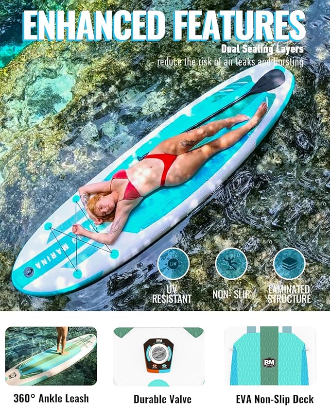 BM Paddle Board Inflatable Stand Up Paddle Board, SUP Paddleboard for Adult, Premium Accessories | Non-Slip EVA Deck & Foam Handles, Camera Mount, Double Action Pump, 85L Travel Backpack-StrideForce Fitness