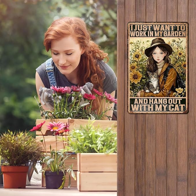 Cat Garden Vintage Tin Sign I Just Want To Work In My Garden and Hang Out With My Cat Retro Metal Tin Sign Sunflower Decor for Home Fence Porch Room Wall Decor Poster 12 * 8inch-StrideForce Fitness