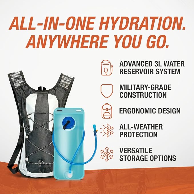 Military-Grade Hydration Backpack, 3L Water Reservoir Pack with Insulated Flow Tube, Tactical Outdoor Gear for Hiking Camping Cycling, Adjustable Padded Straps, Weather-Resistant Pack-StrideForce Fitness