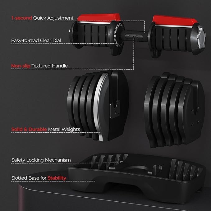 Yaheetech Adjustable Dumbbell Set 28/40/52.5/90LBS Adjustable Dumbbells Fast Adjust Dumbbell Weight Set with Anti-Slip Handle and Tray for Men/Women Home Gym Strength Training Equipment Single/Pair-StrideForce Fitness