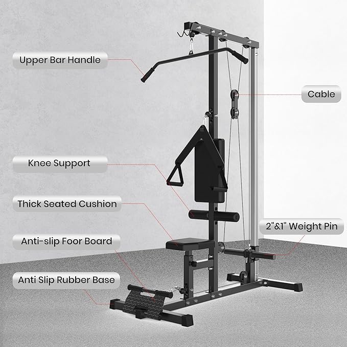LAT Pulldown Machine, Multi-Functional Cable Machine with High and Low Pulley Station, Row Cable Machine Home Gym with Leg Support, Tricep Workout Equipment-StrideForce Fitness