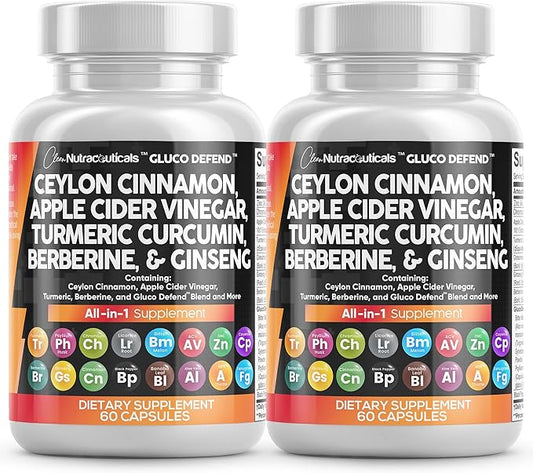 Clean Nutraceuticals Ceylon Cinnamon Turmeric Apple Cider Vinegar Ginseng Berberine Plus Bitter Melon Gymnema Milk Thistle Fenugreek - 2Pack-StrideForce Fitness
