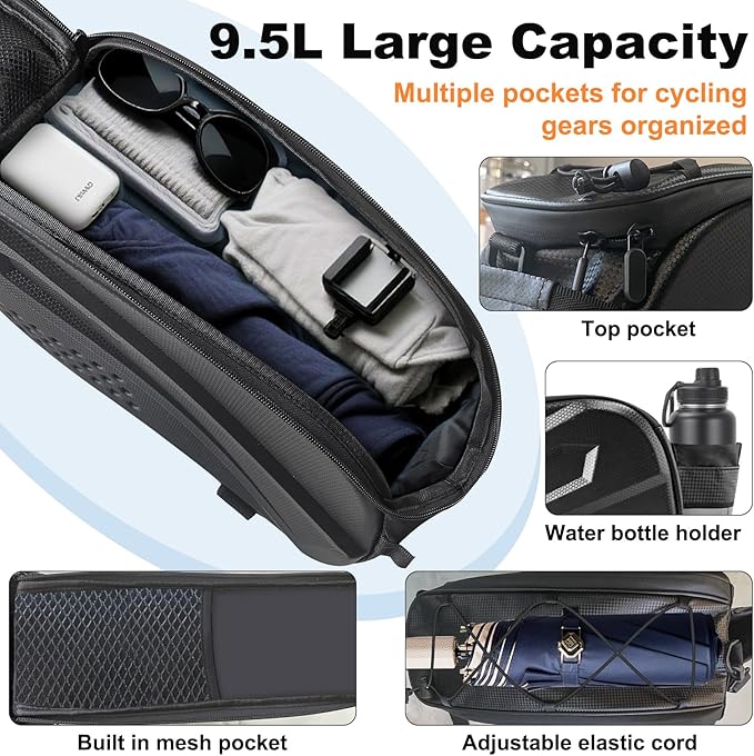 Bicycle Back Seat Bag, Double Layer Waterproof, Zipper, Bicycle Trunk Bag, 9.6L Capacity Waterproof Back Seat Carrier Cargo Bag with Straps and Rain Cover for Cycling-StrideForce Fitness