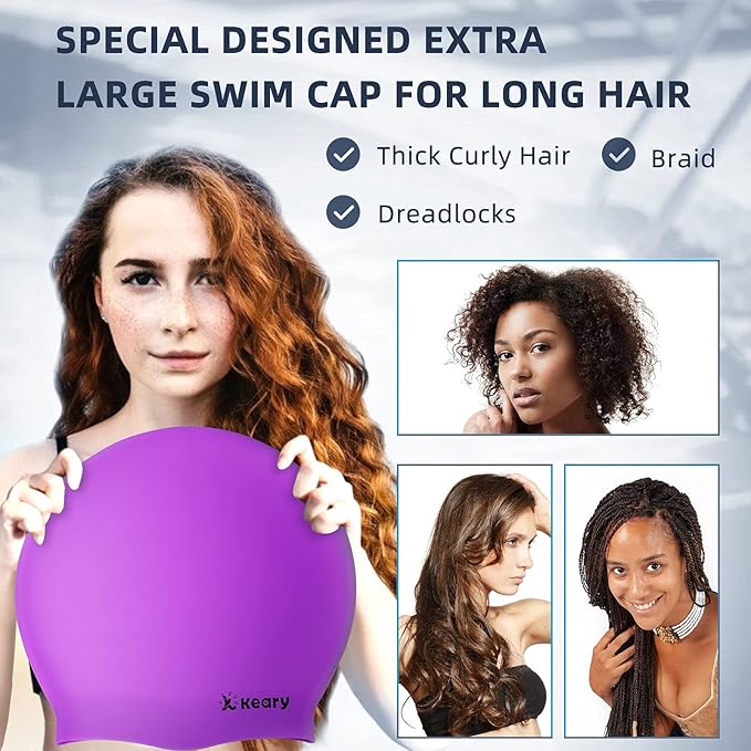 Keary Extra Large Swim Cap for Braids and Dreadlocks Extensions Weaves Long Hair, Waterproof Silicone Cover Ear Bath Pool Shower Swimming Cap for Adult Youth to Keep Hair Dry, Easy to Put On and Off-StrideForce Fitness