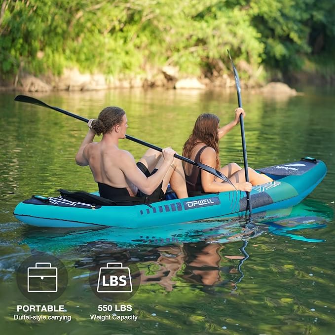 UPWELL 13'6”/11' Inflatable Recreational Kayak - 2 Person with Drop Stitch Floor and Accessories Including Kayak Seats with High Back Support, Paddle, Fin, Repair Kits, Carry Bag and Hand Pump-StrideForce Fitness