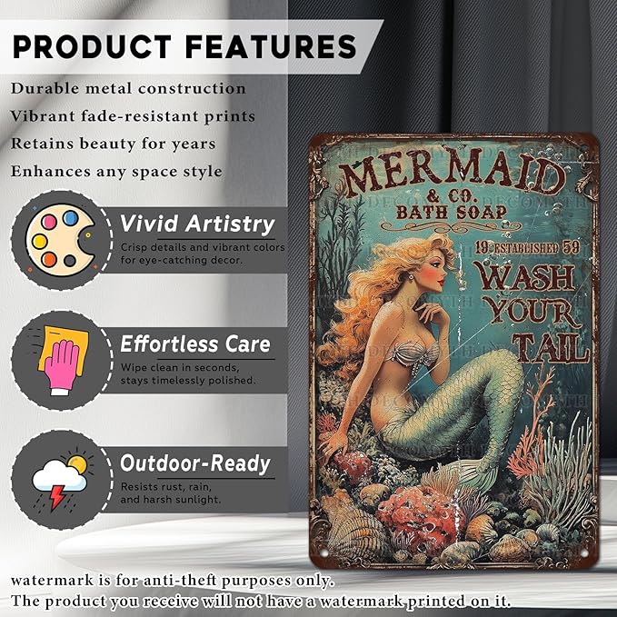 Retro Mermaid Tin Sign Wash Your Tail Vintage Metal Poster Funny Bath Soap Wall Art Toilet Bathroom Man Cave Bar Cafe Indoor Living Room Garage 12 * 8inch-StrideForce Fitness