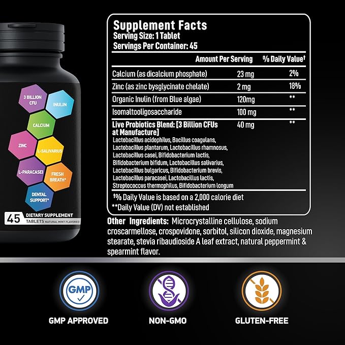 Dental Probiotics for Teeth and Gums - Best Lactobacillus Salivarius Tablets Fight Chronic Bad Breath & Restore Good Bacteria- Oral Probiotic Prebiotic Advanced Treatment for Mouth Health - 45 Tablets