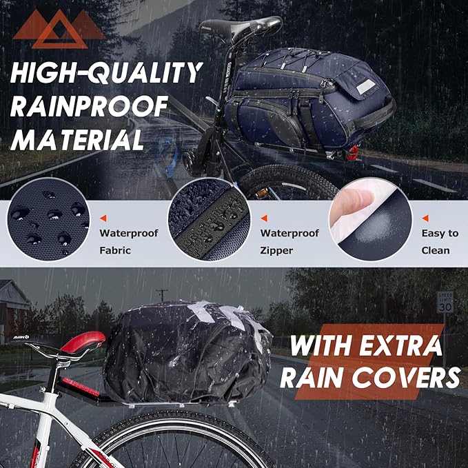 RAINSMORE Bike Bags for Bicycle Rear Rack 15L Waterproof Bike Ebike Trunk Pannier Saddle Bag with Rain Cover Bike Accessories Backpack Shoulder Bag for Commuter Travel Outdoor, Blue-StrideForce Fitness
