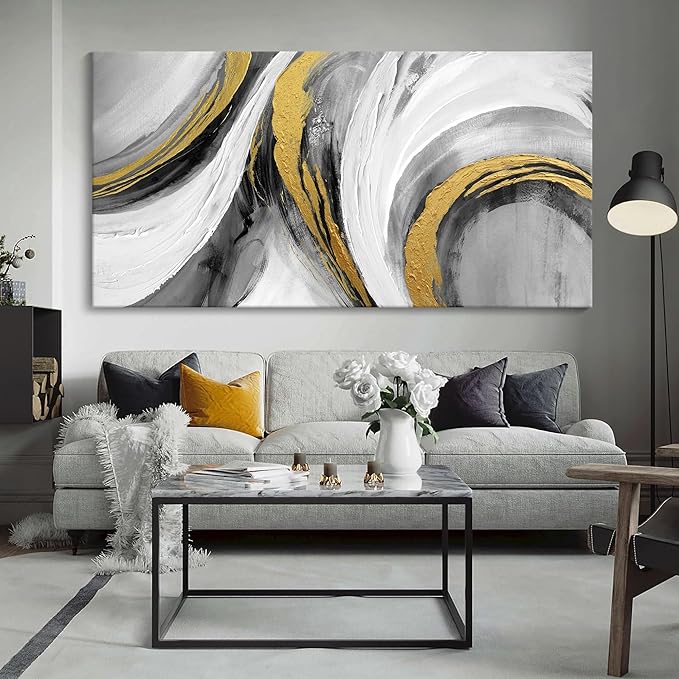 Large Abstract Wall Art - Modern Black White Gold Tones Hand Drawn Textures Ink Graffiti Canvas Painting Artwork for Home Bedroom Living Room Office Hallway Bed Above Decor 29"X58"-StrideForce Fitness