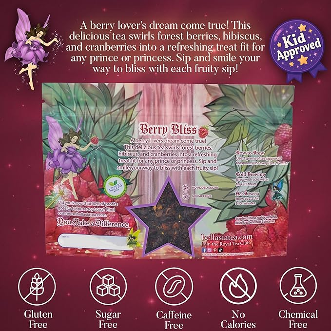 Bellasia Tea Berry Bliss for Kids Using Real Fruit Pieces - Caffeine Free Herbal Tea Blend with Real Ingredients & Balanced Flavor- Add Loose Leaf Tea to Your Child’s Routine for A Fun & Tasty Drink. 20-25 cups-StrideForce Fitness
