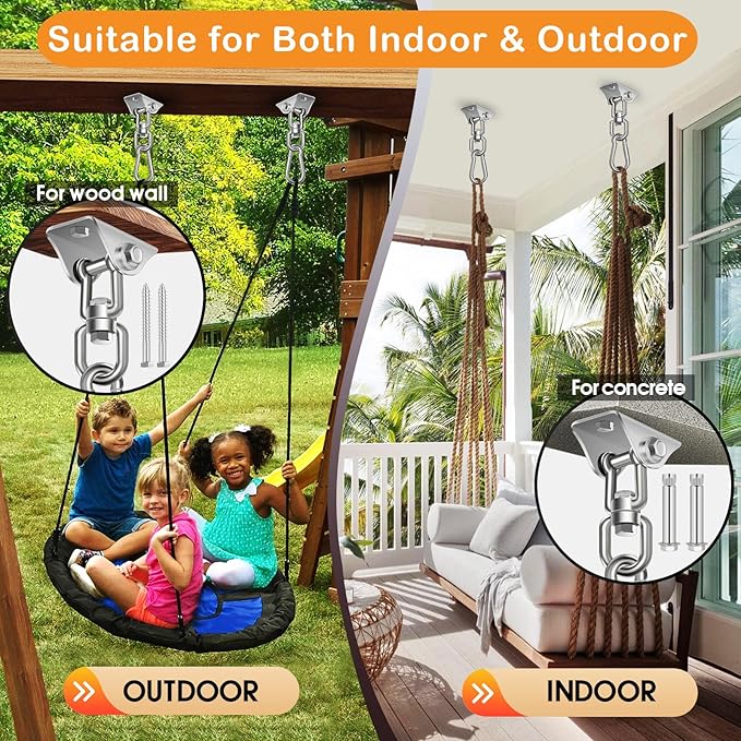 Hammock Hanging Kit, Porch Swing Hanging Kit 1200 Lb Capacity, Hammock Ceiling Hooks Heavy Duty 360°Rotating Hanging Swing Chair Hardware for Hammock Chair Stand, Porch, Yoga, Gym, Silver-StrideForce Fitness