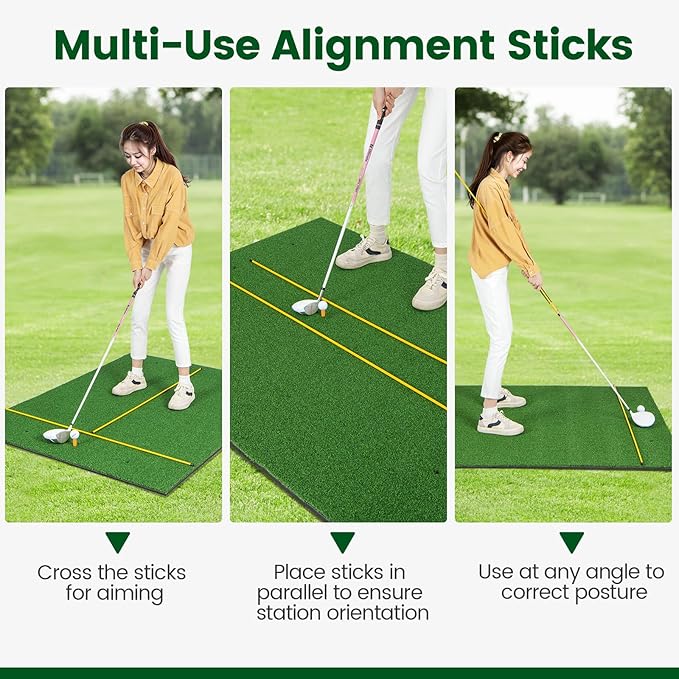 Tangkula Golf Hitting Mat, Artificial Turf Mat for Indoor/Outdoor Golf Practice Includes 2 Rubber Tees & 2 Alignment Sticks, Golf Training Mat for Home Backyard Garage-StrideForce Fitness