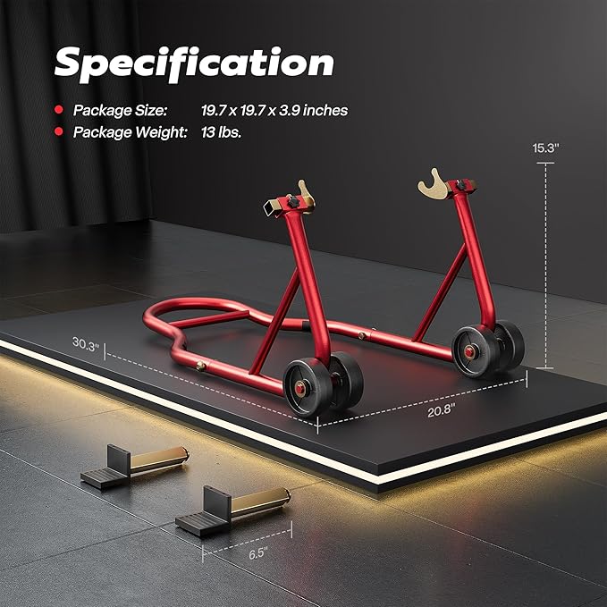 SPECSTAR Motorcycle Stand, 441 Lbs Capacity Rear Wheel Lift with U+L Adjustable Swingarm Spool, Heavy Duty Paddock Stand for BMW Suzuki Yamaha Honda Kawasaki, Red-StrideForce Fitness