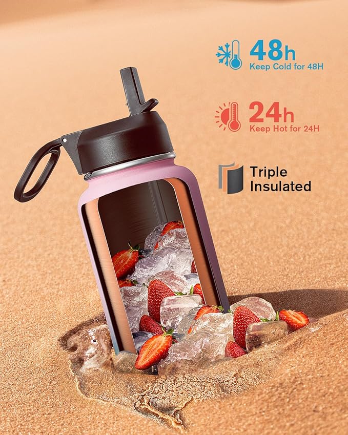 32 oz Insulated Water Bottle with Straw&3 Lids, Coolflask Stainless Steel Metal Flask Wide Mouth for Sports or Office, Non-BPA Keep Cold Up to 48 Hrs or Hot Up to 24 Hrs, Bubblegum Princess-StrideForce Fitness