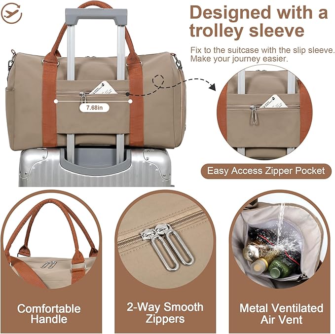 FIORETTO Womens Gym Tote Duffle Weekender Bag with Wet Pocket & Shoe Compartment, Ideal for Travel, Swimming, Dance, Khaki-StrideForce Fitness