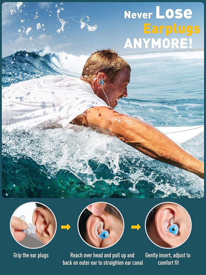 Ear Plugs for Swimming Surfing with Lanyard, Block Out Water Let Sound in, Reusable Comfy Custom-fit Swim Waterproof earplugs Men Women for Swimmer Shower Pool Bath Water Sports-StrideForce Fitness