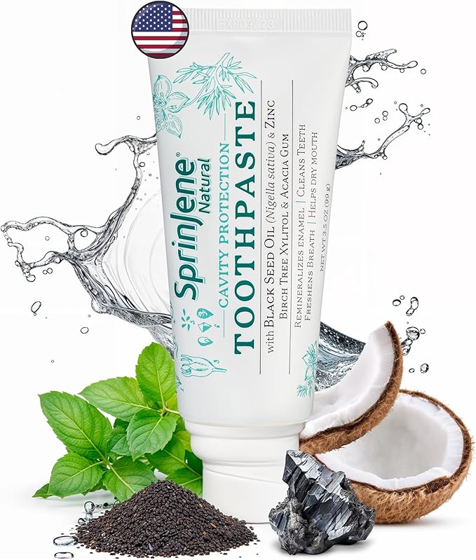 SprinJene Natural Fluoride Toothpaste – Natural Toothpaste for Gum Health & Cavity Protection – Patented Black Seed Oil & Zinc Formula for Healthy Teeth & Gums – Made in The USA (1 Pack)
