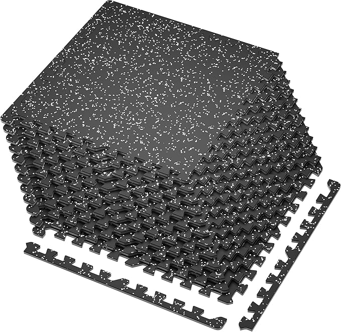 SUPERJARE 0.4'' Thick 12 Pcs 48 Sq Ft Rubber Top Exercise Equipment Mats, High Density EVA Foam Mats with Rubber Top, Interlocking Gym Flooring for Home Gym, Protective Workout Mat, Black/Grey-StrideForce Fitness